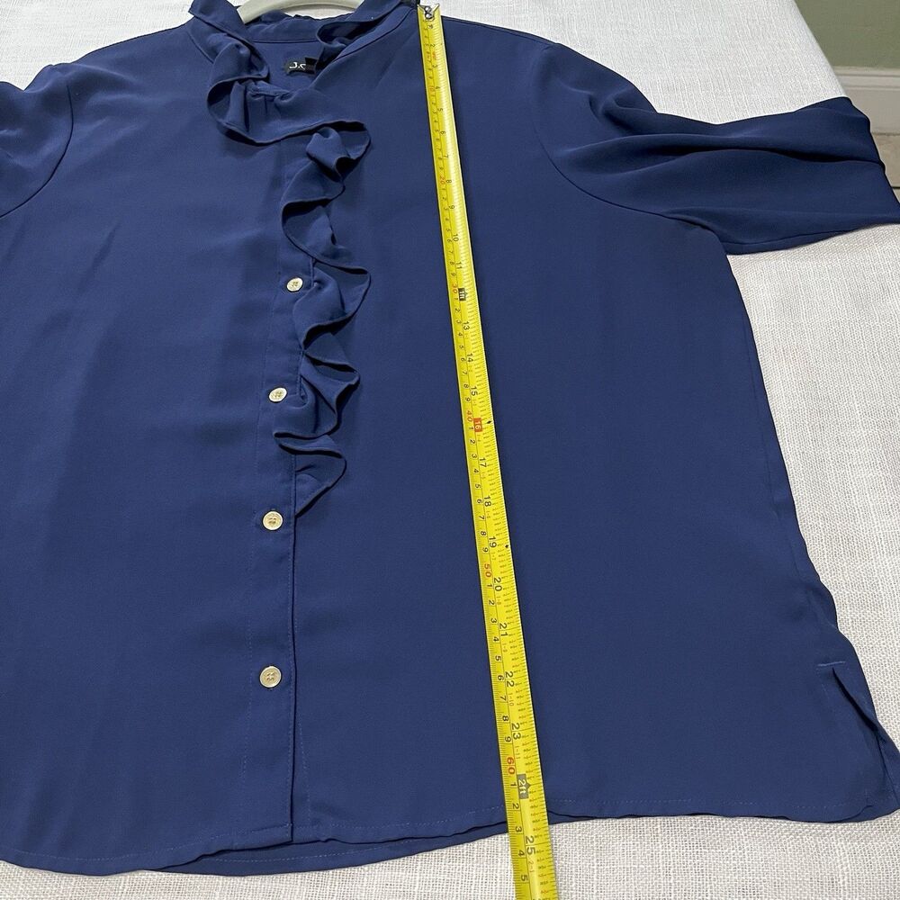 J Crew Navy Sheer Ruffle Blouse Women 12 Gold Button Long Sleeve Preppy Romantic - Picture 13 of 14